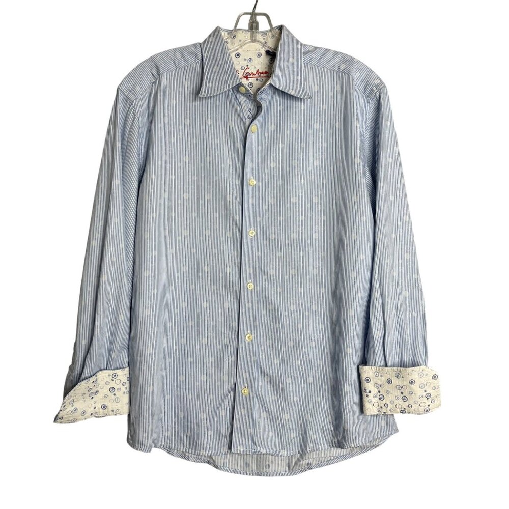 Robert Graham Button Front Shirt Blue Striped Polka Dot Print Flip Cuffs Mens M